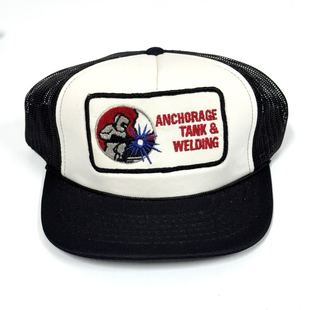 Vintage Mesh Snapback Trucker Hat Anchorage Tank & Welding black‎ and white